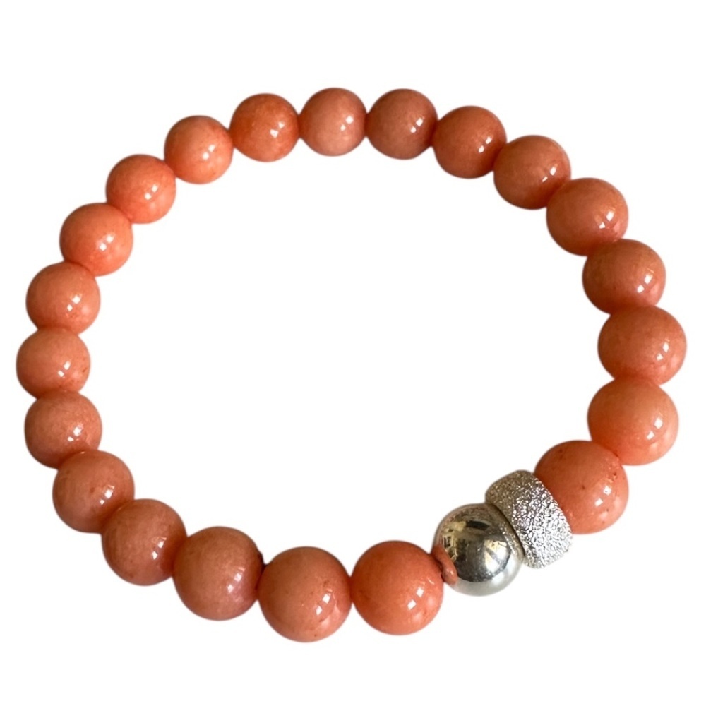 Orange Creamsicle Jade Bracelet | 8mm Beaded Stretch | Sterling Silver Stardust